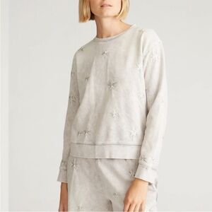 Driftwood Teddy Distressed Grey Pullover Sweatshirt, Embroidered Stars, Small